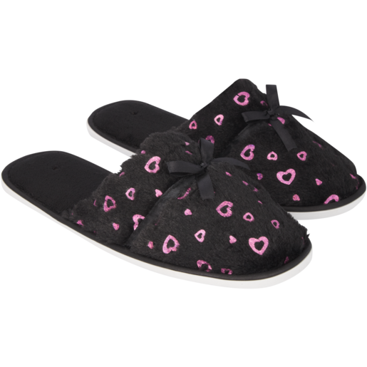 Ladies Black & Pink Hearts Slip On Slippers Size 3-8 (Assorted Sizes - Single Pair)​​