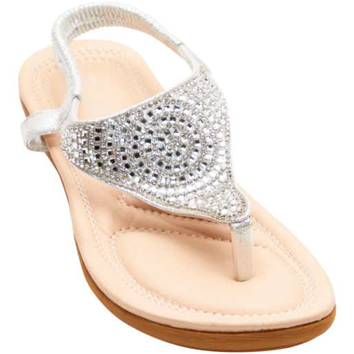 Ladies Silver Diamante Embellished Elastic Slingback Sandals Size 3-8