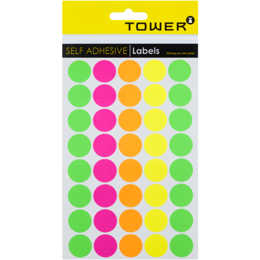 TOWER Multicoloured Fluorescent Self Adhesive Round Labels 19mm 120 Piece