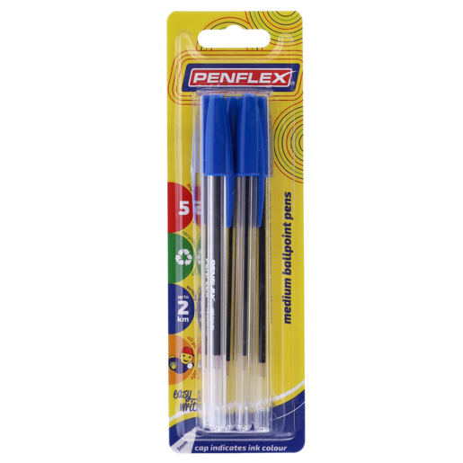 Penflex Clear Medium Blue Ballpoint Pen 5 Pack