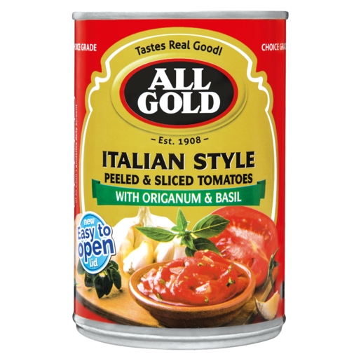 ALL GOLD Italian Style Peeled & Sliced Tomatoes With Origanium & Basil Can 410g