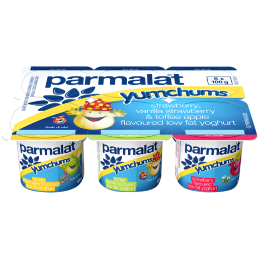 Parmalat Yumchums Smooth Medium Fat Strawberry/Toffee Apple/Vanilla Strawberry Yoghurt Multipack 6 x 100g