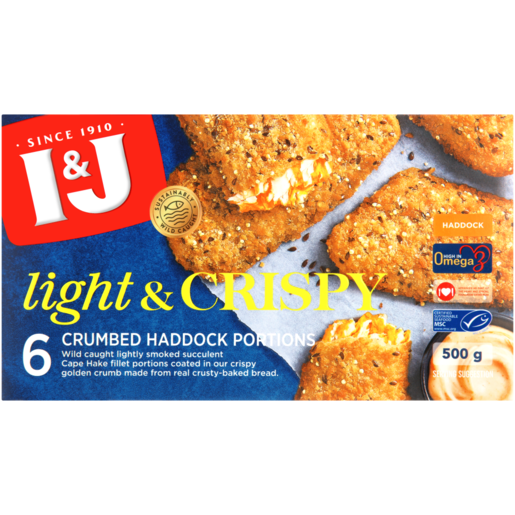 I&J Frozen Light & Crispy Crumbed Haddock Portions 500g