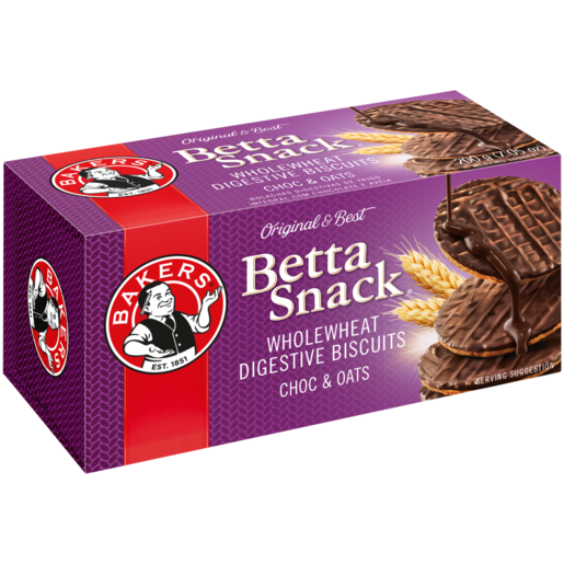 Bakers Betta Snack Chocolate & Oats Flavoured Wholewheat Digestive Biscuits 200g