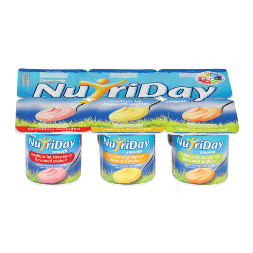 NutriDay Medium Fat Smooth Strawberry/Banana/Mixed Fruit Multipack Yoghurt 6 x 100g