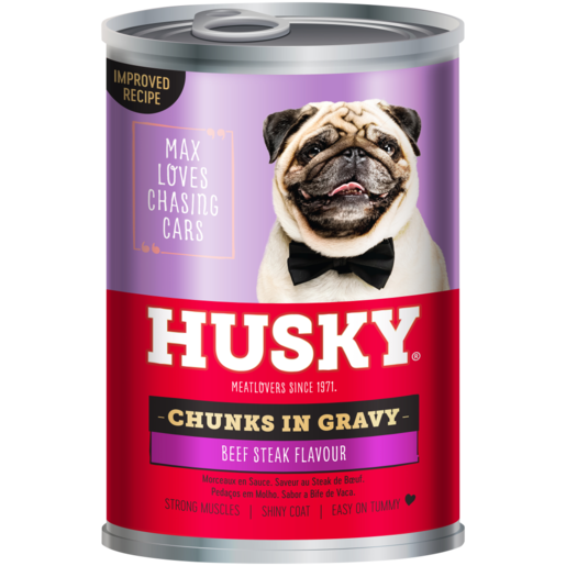 Husky Beef Steak Flavoured Chunks In Gravy Dog Food Can 385g
