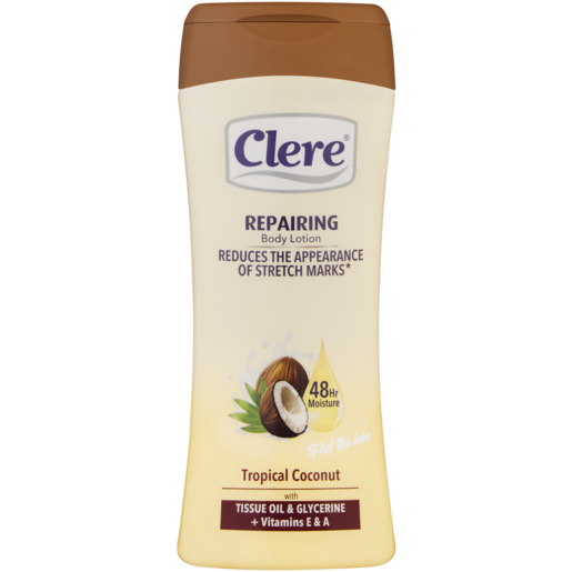 Clere Tissue Oil & Pure Glycerine Enriched Tropical Coconut Nourishing Hand & Body Lotion Bottle 400ml