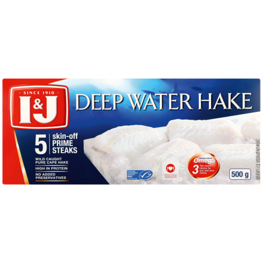I&J Frozen Deep Water Hake Skin-Off Prime Steaks 500g