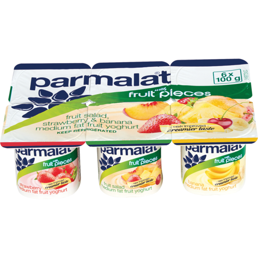 Parmalat Medium Fat Strawberry/Fruit Salad/Banana Fruit Yoghurt 6 x 100g