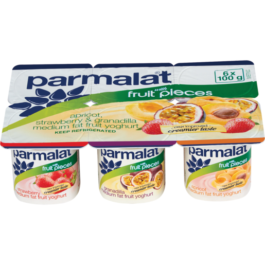 Parmalat Medium Fat Strawberry/Granadilla/Apricot Fruit Yoghurt 6 x 100g