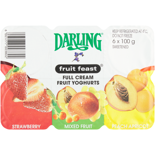 Darling Fruit Feast Strawberry/Mixed Fruit/Peach & Apricot Full Cream Fruit Yoghurt Multipack 6 x 100g