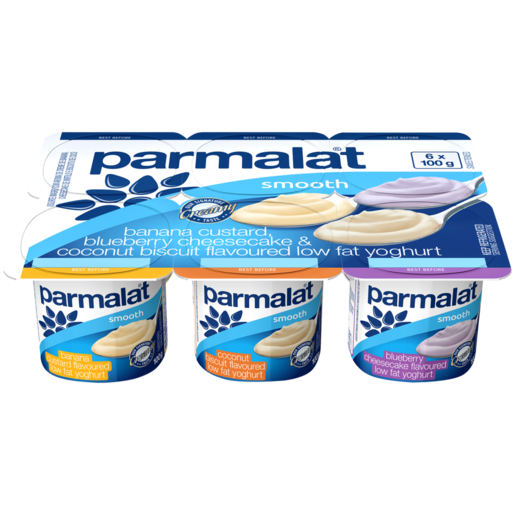 Parmalat Smooth Medium Fat Banana Custard/Coconut Biscuit/Blueberry Cheesecake Multipack Yoghurt 6 x 100g