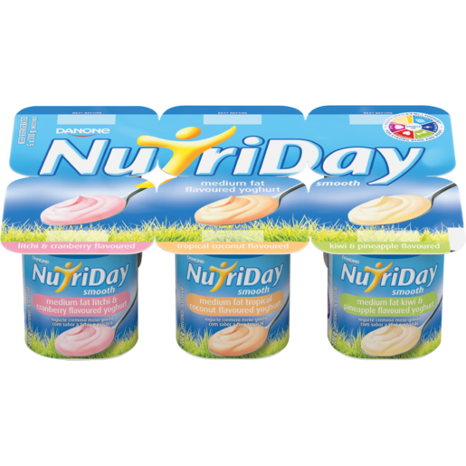 NutriDay Smooth Medium Fat Litchi & Cranberry/Tropical Coconut/Kiwi & Pineapple Flavoured Yoghurt Multipack 6 x 100g
