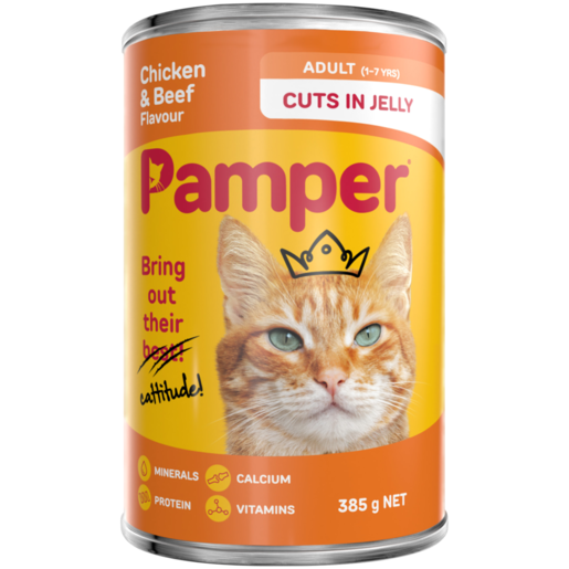 Pamper Chicken & Beef Flavour Adult Wet Cat Food Cuts In Jelly 385g 