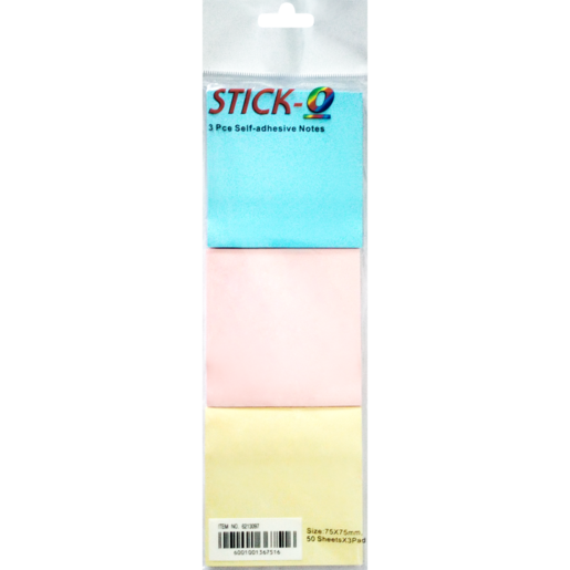 Stick-O Self Adhesive Sticky Note Pads 3 Pack