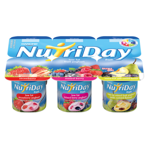 NutriDay Low Fat Strawberry/Mixed Berry/Mixed Fruit With Custard Flavoured Fruit Yoghurt 6 x 100g