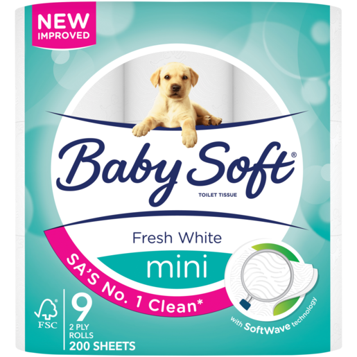 Baby Soft 2 Ply Fresh White Mini Toilet Rolls 9 Pack