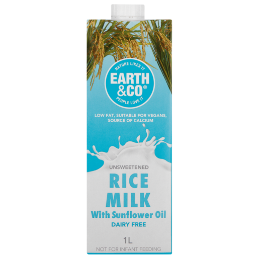 Earth & Co. Dairy Free Unsweetened Rice Milk With Sunflower Oil Carton 1L