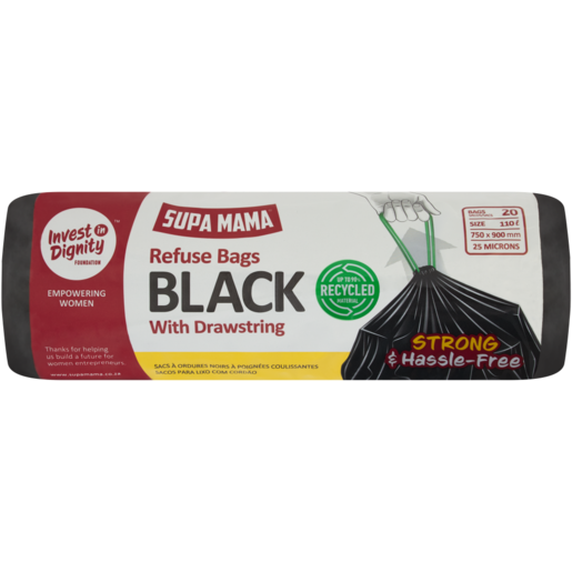 Supa Mama 20 Pack Black Drawstring Refuse Bags 750mm x 900mm