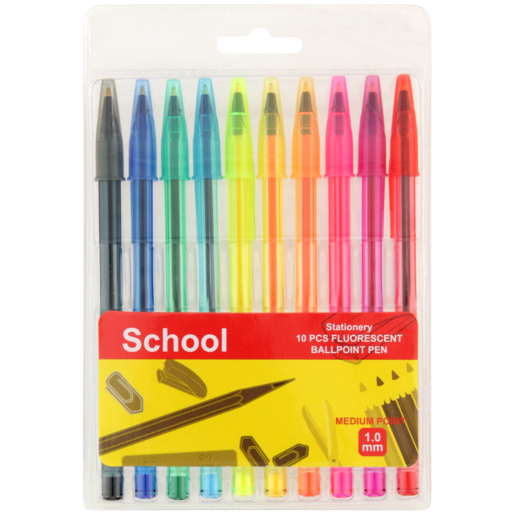 School Assorted Fluorescent Ballpoint Pens 10 Pack