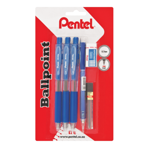 Pentel Blue Ballpoint Pens Plus Clutch Pencil with Lead & Eraser 6 Piece