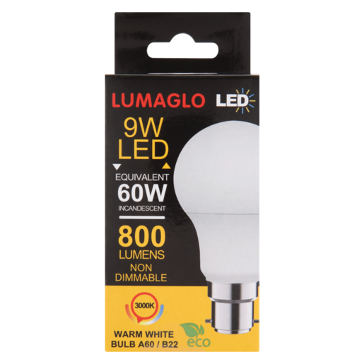 Lumaglo Warm White A60/B22 LED Globe 9W