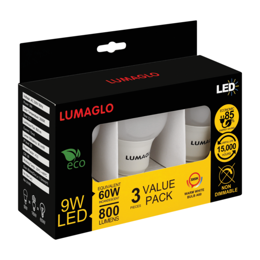 Lumaglo Warm White A60/E27 LED Bulb 9W 3 Pack