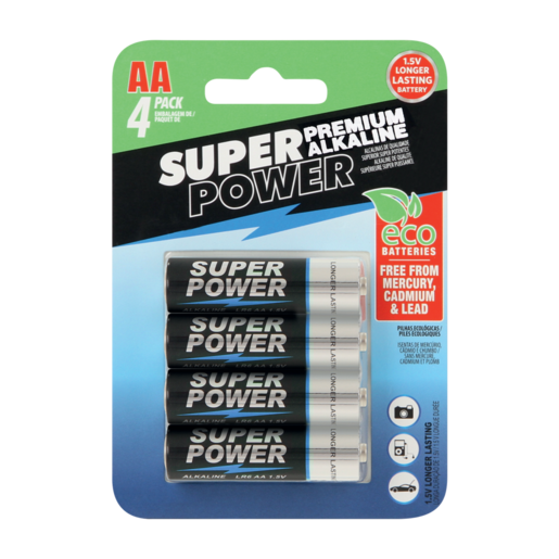 Super Power Premium AA Alkaline Batteries 4 Pack
