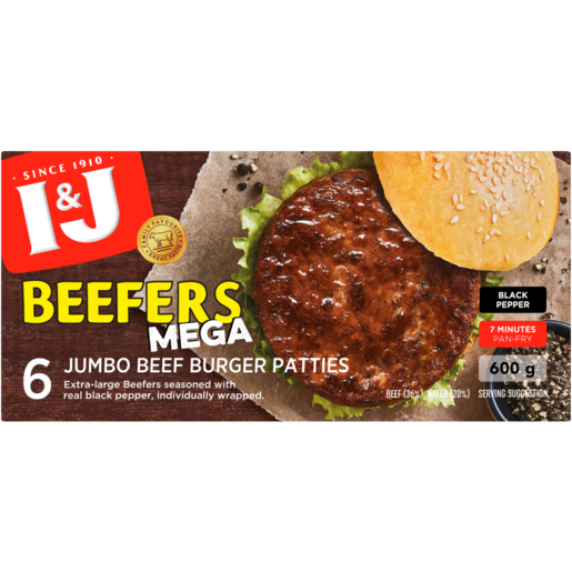 I&J Frozen Beefers Mega Black Pepper Jumbo Beef Patties 600g