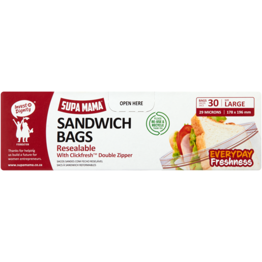 Supa Mama Large Resealable Sandwich Bags With Clickfresh Double Zipper 30 Pack