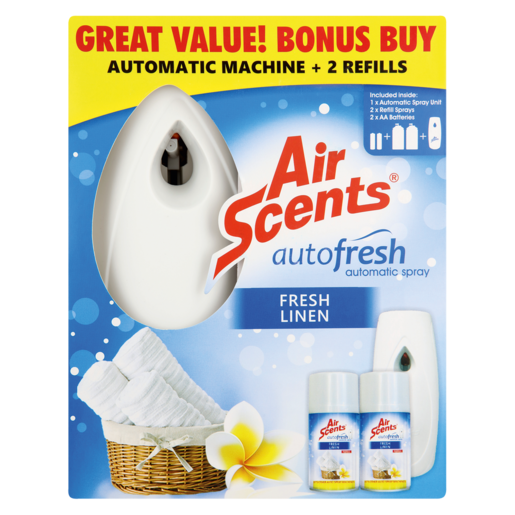 Air Scents Autofresh Automatic Air Freshener Dispenser & Two Fresh Linen Scented Refills 2 x 250ml