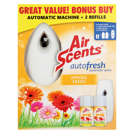 Air Scents Autofresh Automatic Air Freshener Dispenser & Two Spring Fresh Scented Refills 2 x 250ml