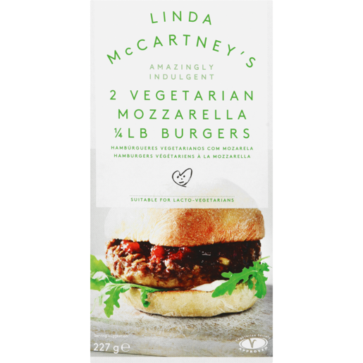 Linda McCartney's Frozen Quarter Pound Mozzarella Vegetarian Burgers 2 Pack 227g