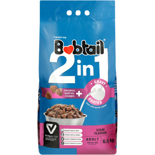 Bobtail 2-In-1 Adult Steak Flavoured Dog Food In Gravy 6.5kg