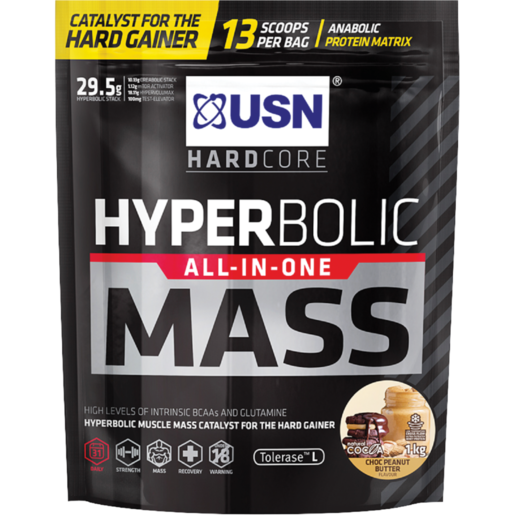 USN Hardcore Hyperbolic All-In-One Mass Choc Peanut Butter Flavoured Anabolic Protein Matrix 1kg