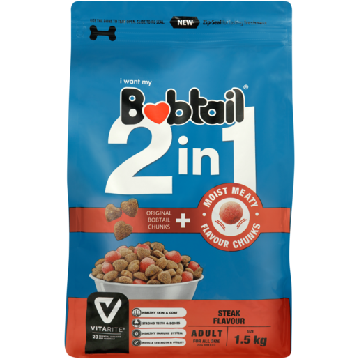 Bobtail 2-In-1 Steak Flavoured Adult Dog Food 1.5kg
