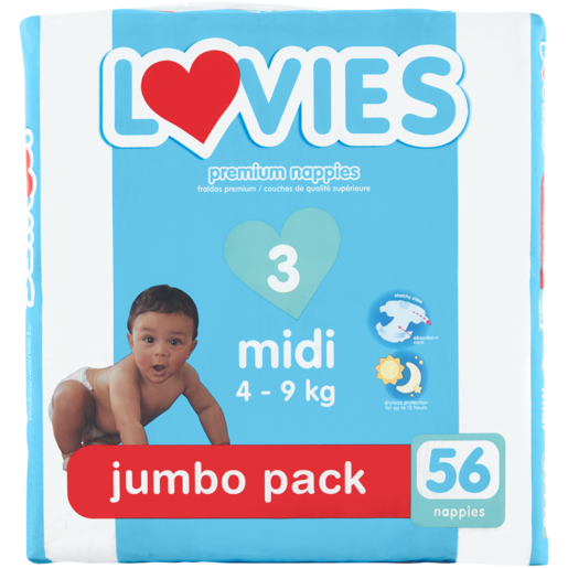 Lovies Midi Premium Nappies Jumbo Pack 4 - 9kg 56 Pack