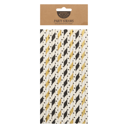 Occasions Black & Gold Patterned Paper Straws 24 Pack