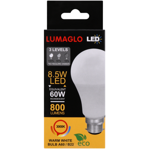 Lumaglo Warm White 3 Level A60/B22 LED Globe 8.5W