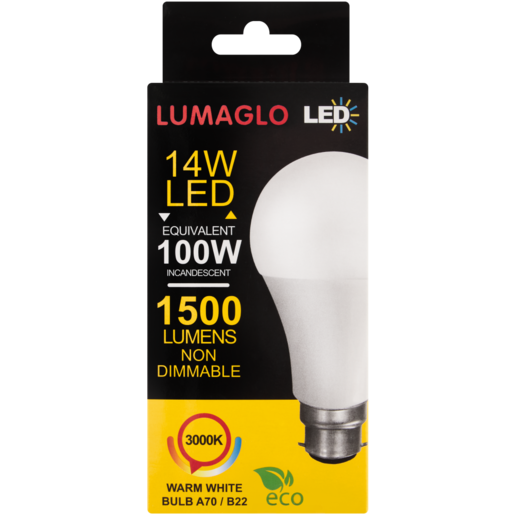 Lumaglo Warm White A70/B22 LED Globe 14W