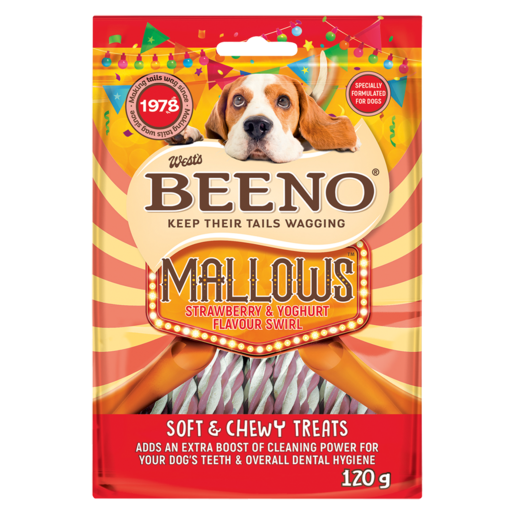 BEENO Mallows Strawberry & Yoghurt Flavoured Swirl Dog Treats 120g