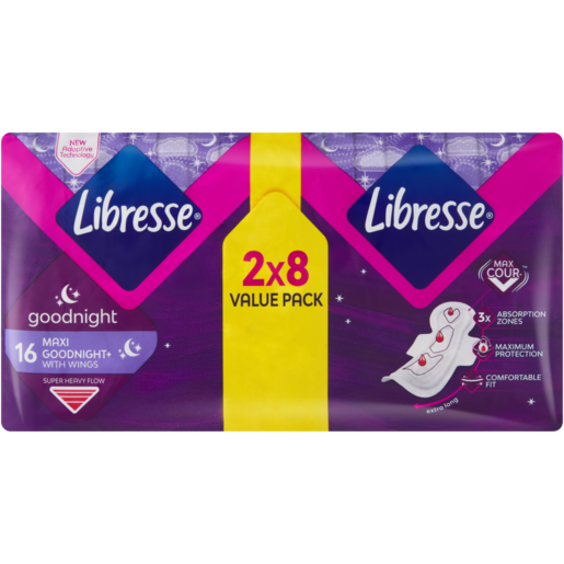 Libresse Maxi Sanitary Pads With Wings Goodnight 2 x 8 Value Pack