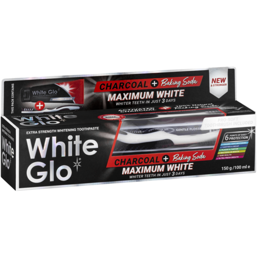 White Glo Extra Strength Whitening Toothpaste Tube & Pro-Soft Toothbrush Set 2 Piece 150g