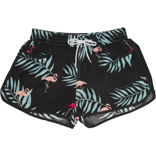 Black Ladies S-XXL Flamingo Printed Boad Shorts 