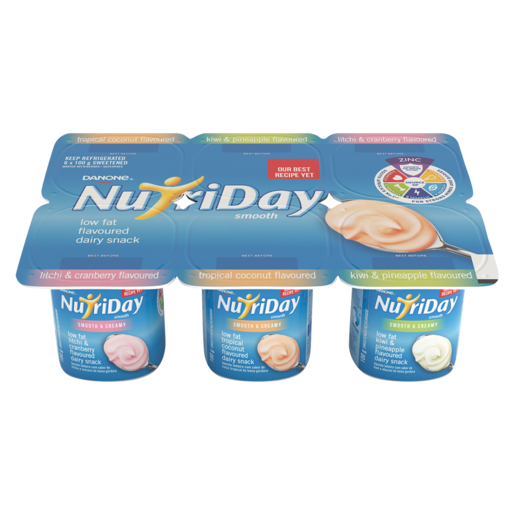 Danone NutriDay Litchi & Cranberry, Tropical Coconut And Kiwi & Pineapple Flavoured Low Fat Dairy Snack 6 x 100g