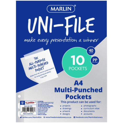 Marlin Uni-File A4 Multi-Punched Filing Sleeves 10 Pockets