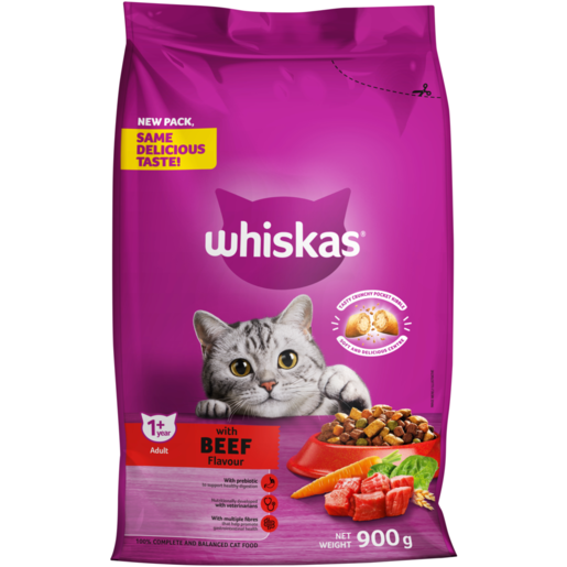 Whiskas Beef Flavoured Adult Dry Cat Food 900g 