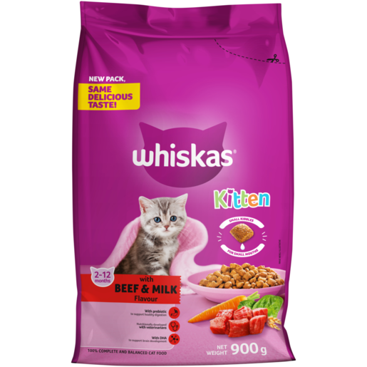 Whiskas Beef & Milk Flavoured Kitten Dry Cat Food 900g 