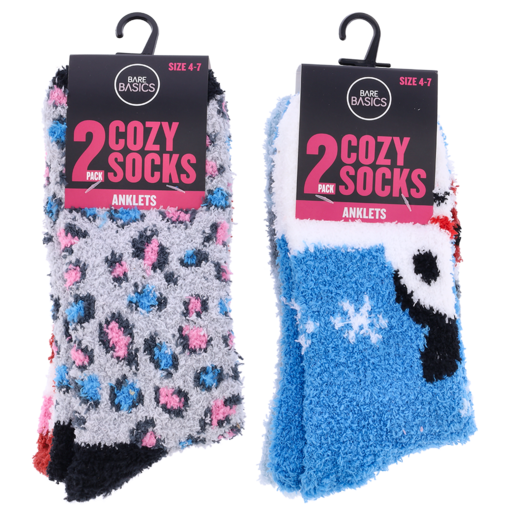 Bare Basics Ladies Cozy Funky Anklets Sleep Socks 2 Pack Size 4-7 (Assorted Item - Supplied At Random)